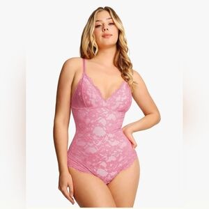 Lace V-Neck Bodysuit Tank Top - Pink